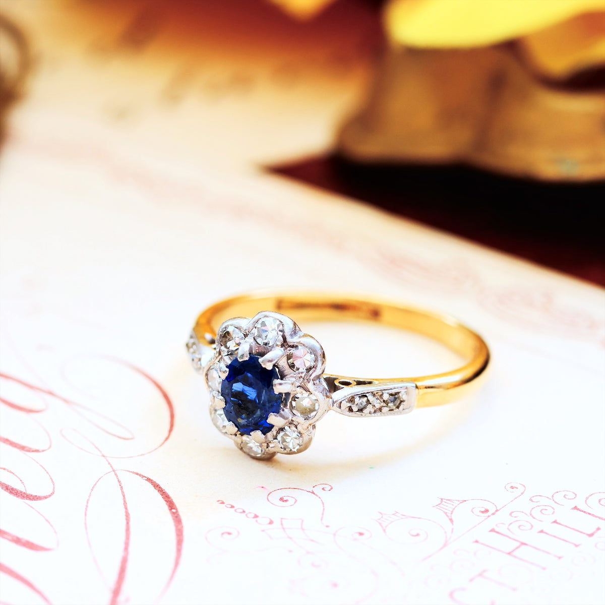 Vintage Flowerette Sapphire & Diamond Cluster Engagement Ring