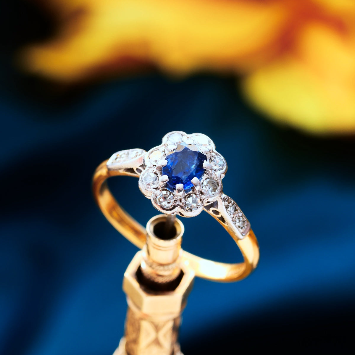 Vintage Flowerette Sapphire & Diamond Cluster Engagement Ring