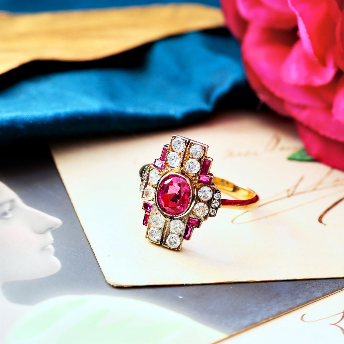 Sublime Vintage Art Deco Statement Ruby & Diamond Cocktail Ring