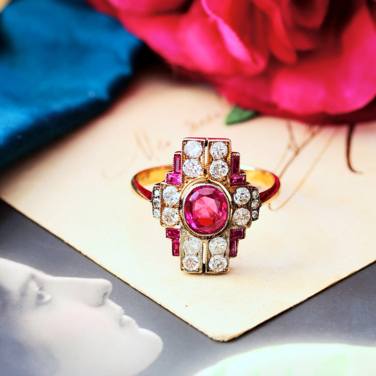 Vintage Art Deco Statement Ruby & Diamond Cocktail Ring