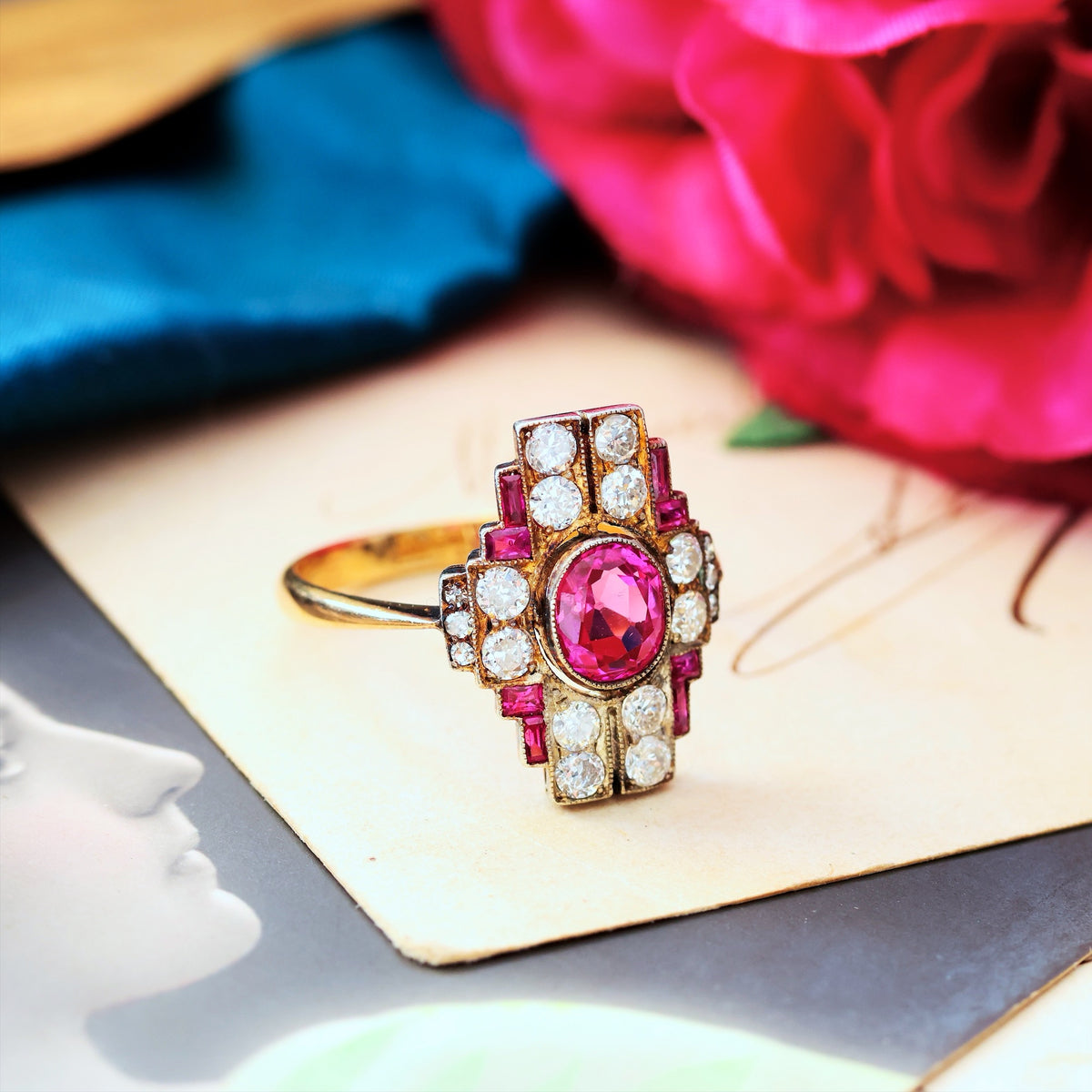 Sublime Vintage Art Deco Statement Ruby & Diamond Cocktail Ring