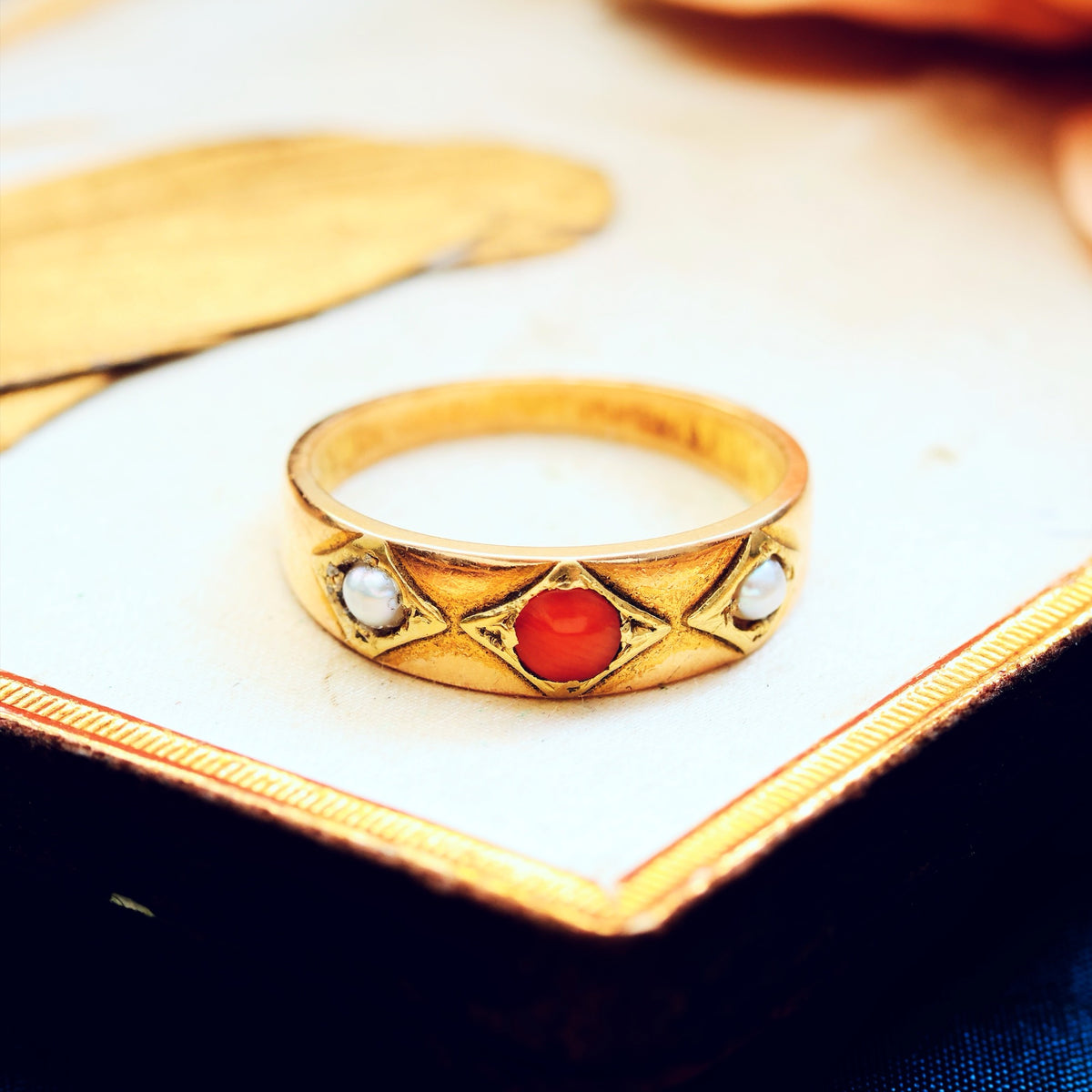 Victorian Etruscan Revival Coral & Pearl Ring