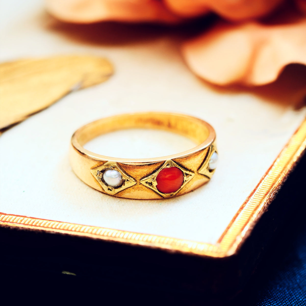 Victorian Etruscan Revival Coral & Pearl Ring