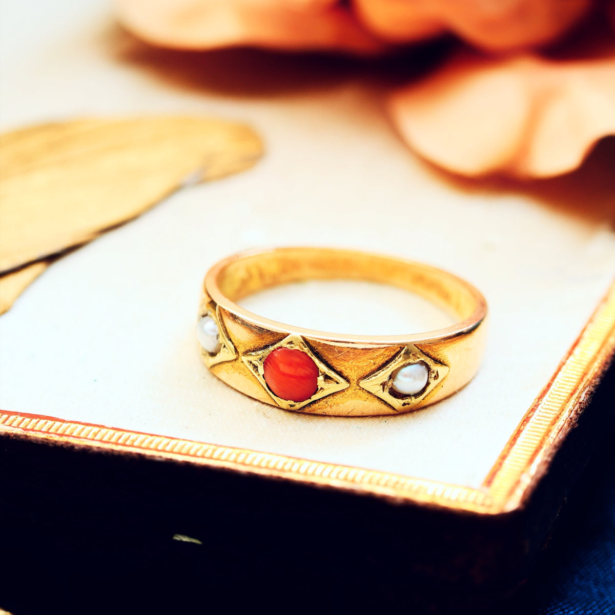 Victorian Etruscan Revival Coral & Pearl Ring