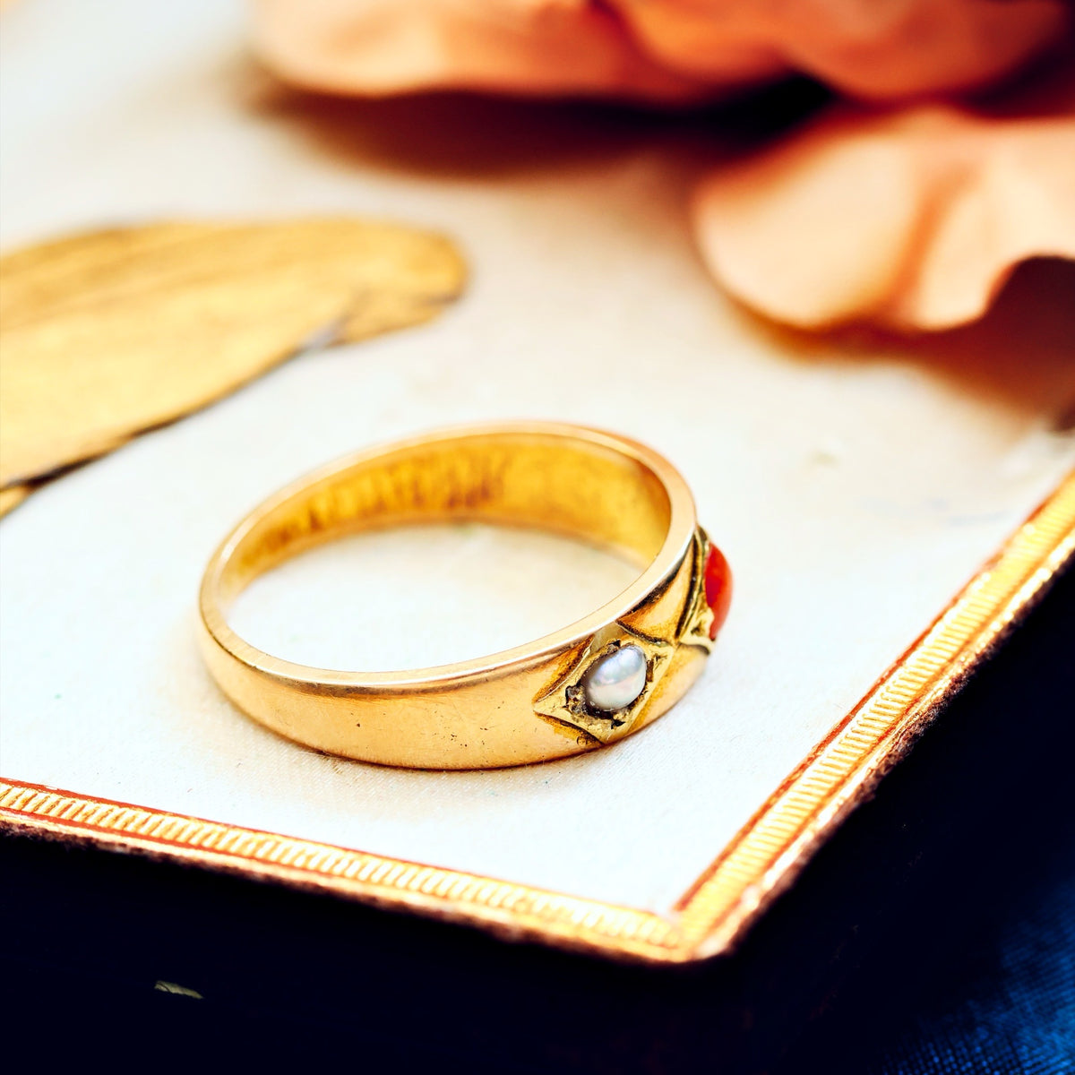Victorian Etruscan Revival Coral & Pearl Ring