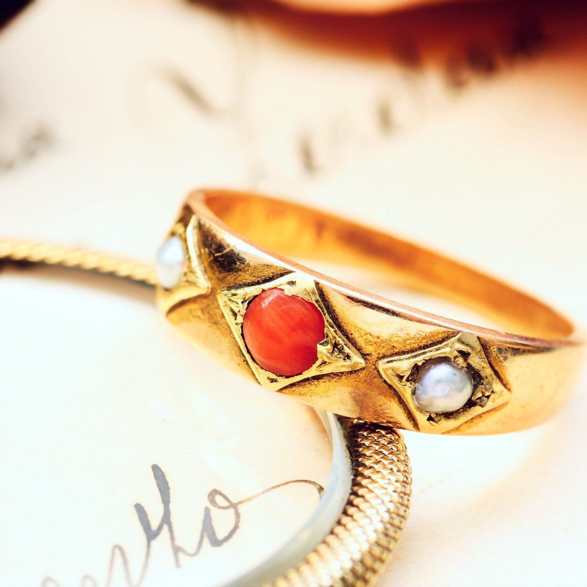 Victorian Etruscan Revival Coral & Pearl Ring