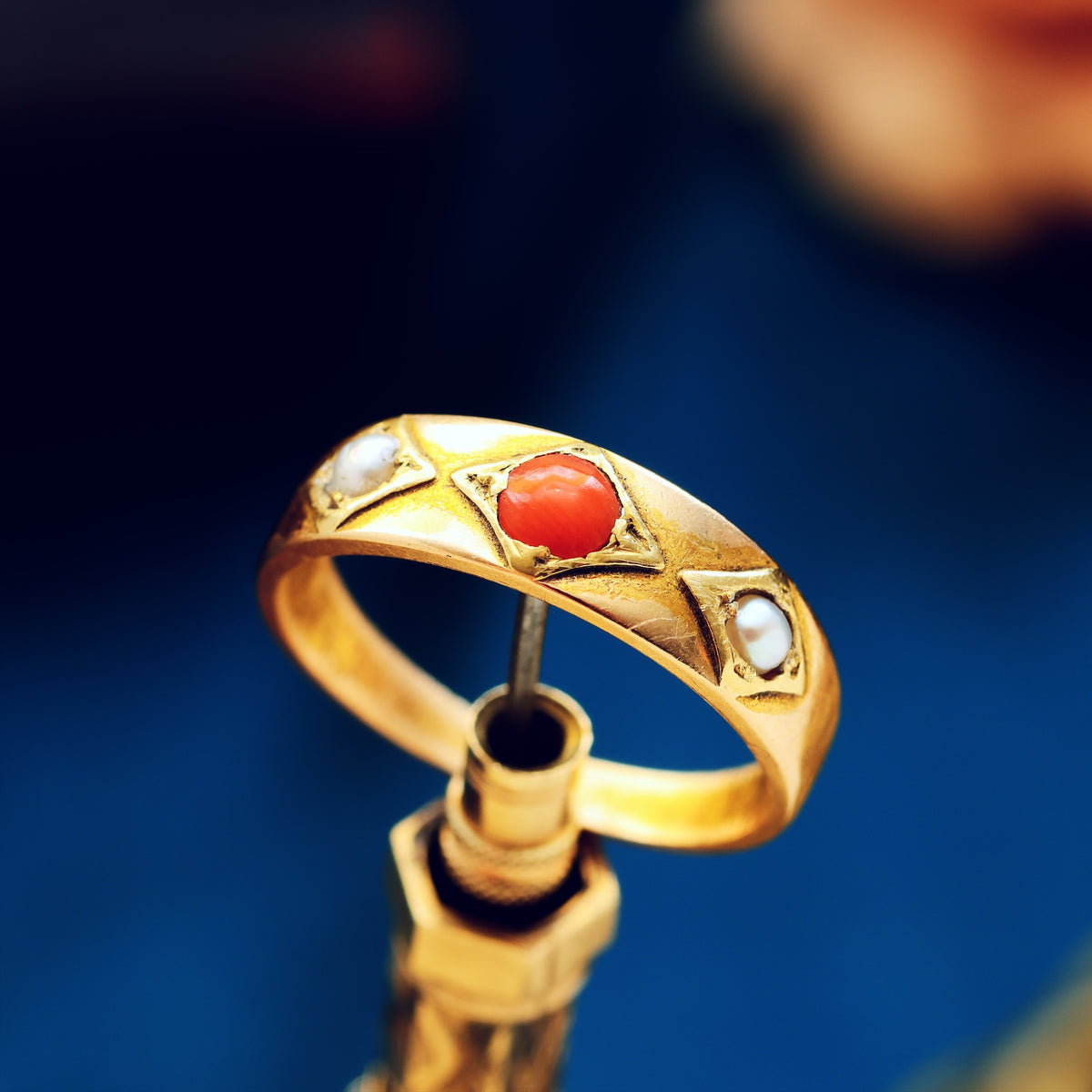 Victorian Etruscan Revival Coral & Pearl Ring