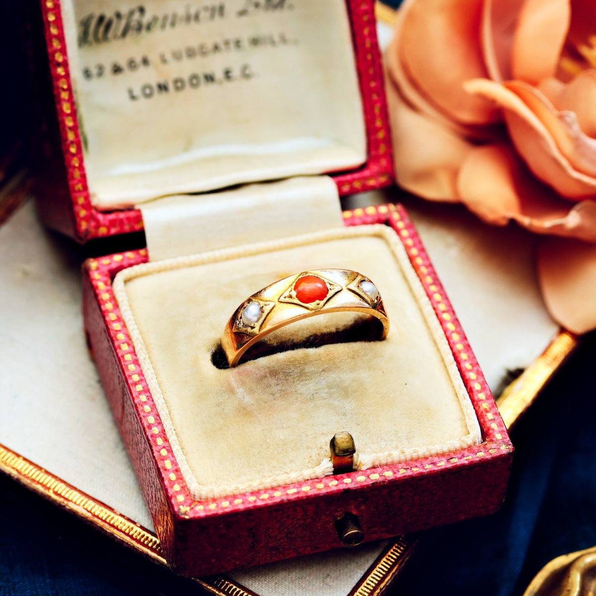 Victorian Etruscan Revival Coral & Pearl Ring