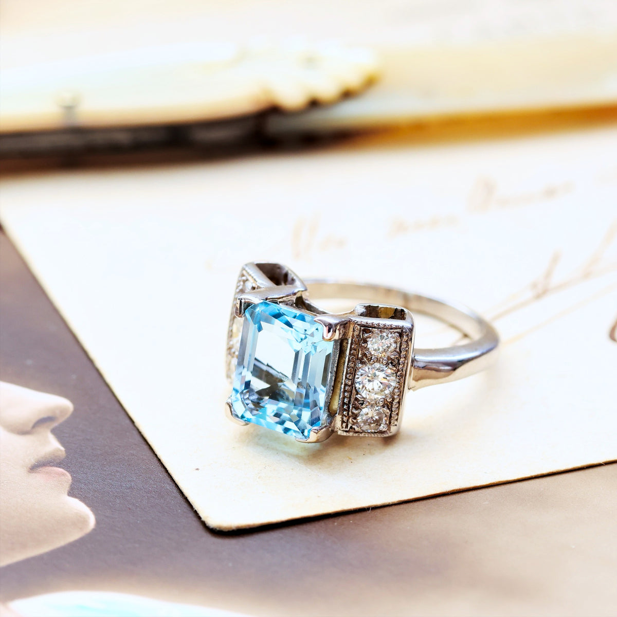 Dramatic Vintage Aquamarine & Diamond Cocktail Ring