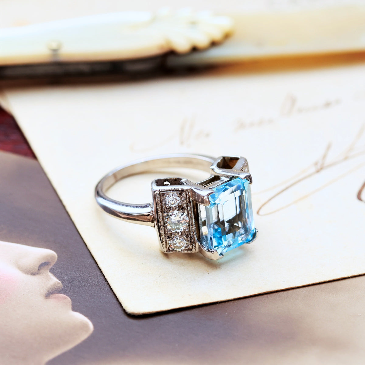 Dramatic Vintage Aquamarine & Diamond Cocktail Ring