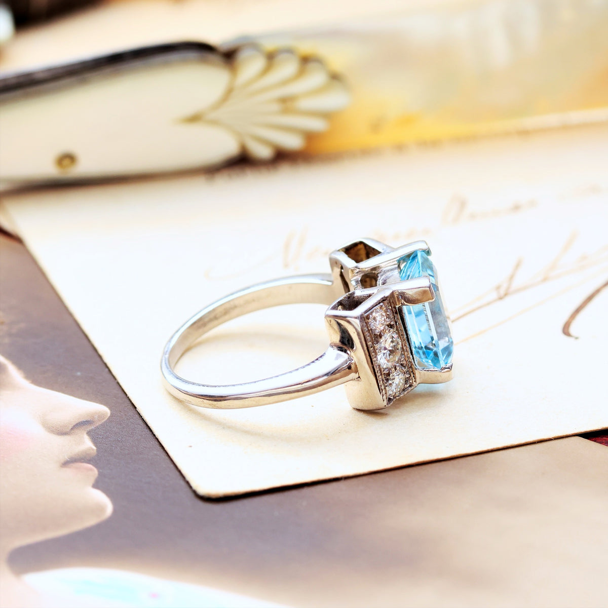 Dramatic Vintage Aquamarine & Diamond Cocktail Ring