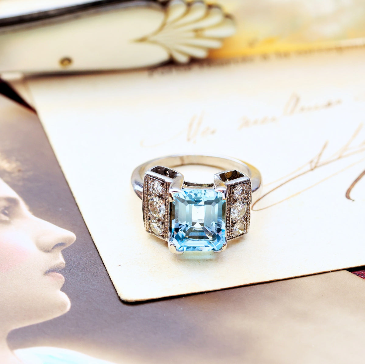 Dramatic Vintage Aquamarine & Diamond Cocktail Ring