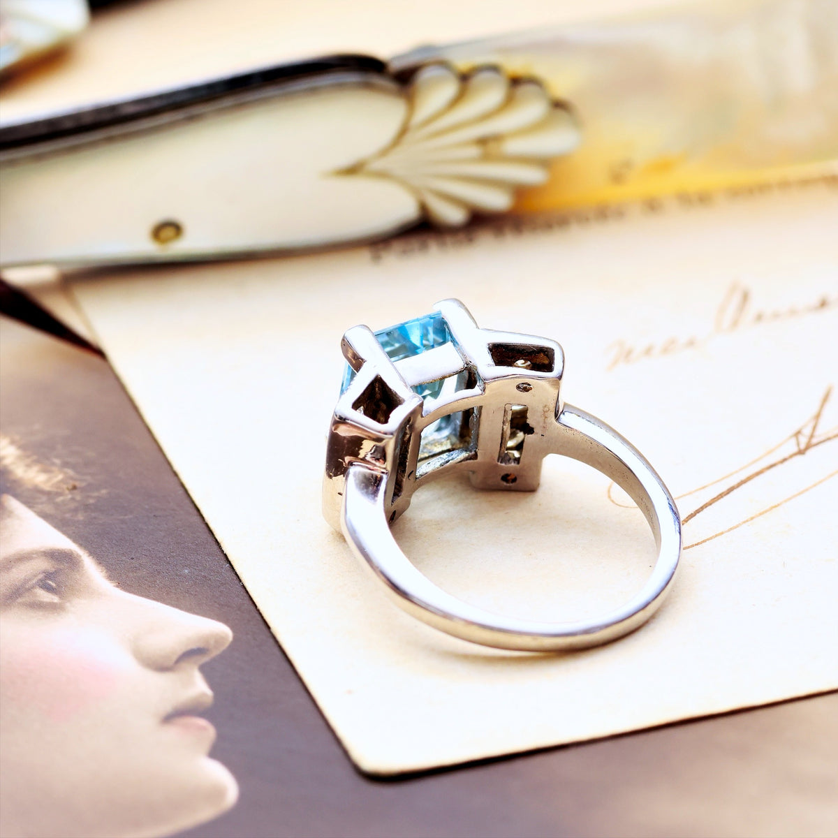 Dramatic Vintage Aquamarine & Diamond Cocktail Ring