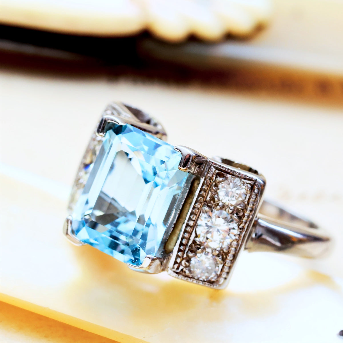 Dramatic Vintage Aquamarine & Diamond Cocktail Ring