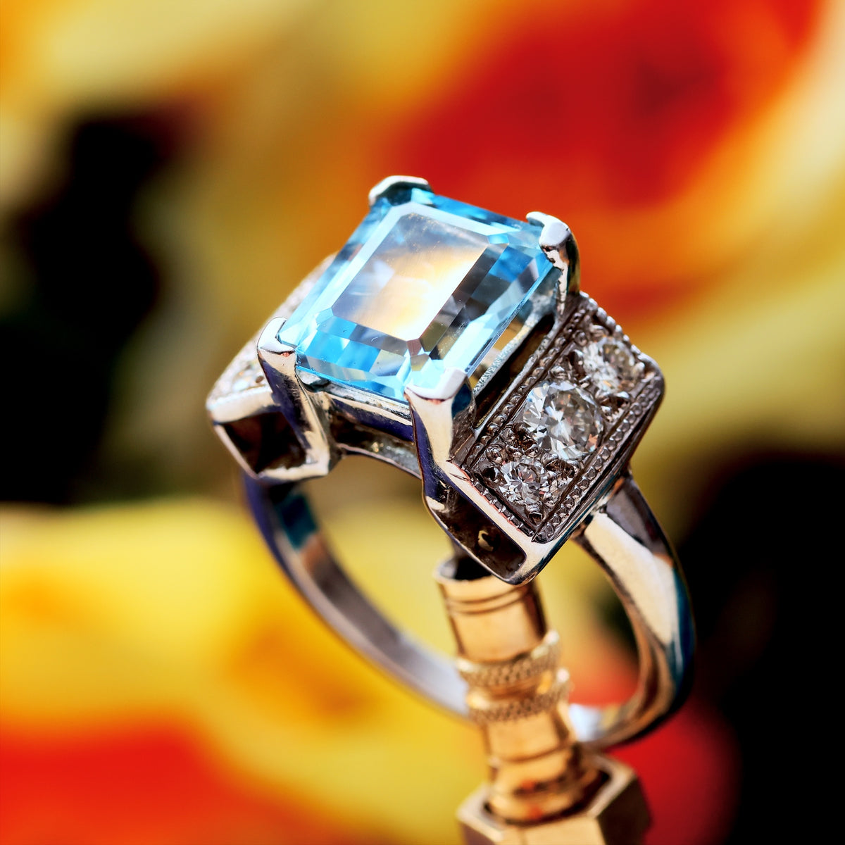Dramatic Vintage Aquamarine & Diamond Cocktail Ring