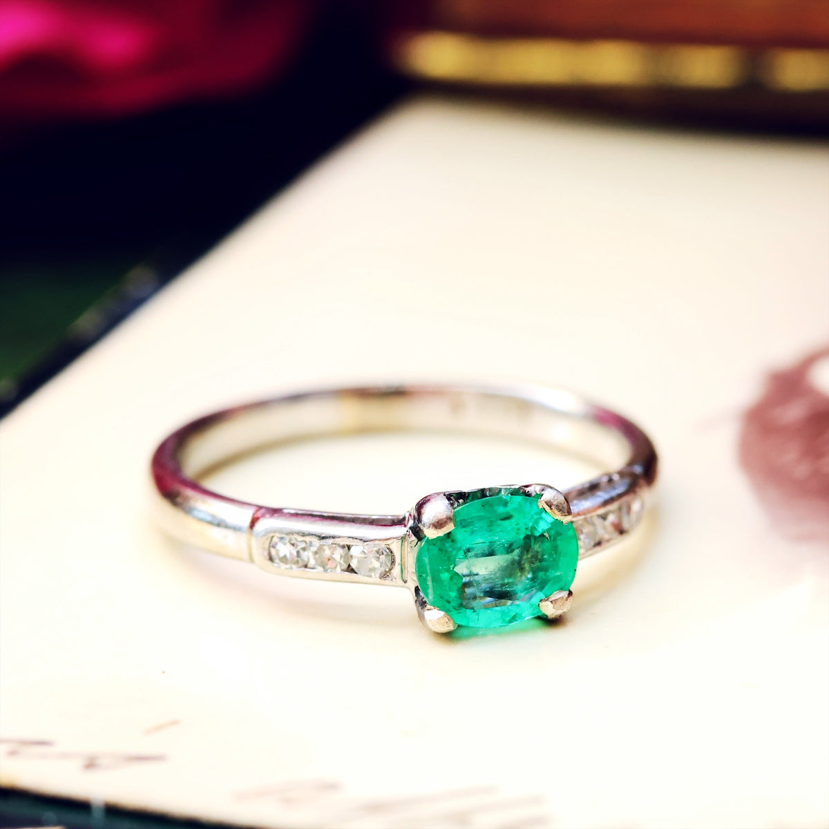 Handmade Vintage Emerald & Diamond Engagement Ring