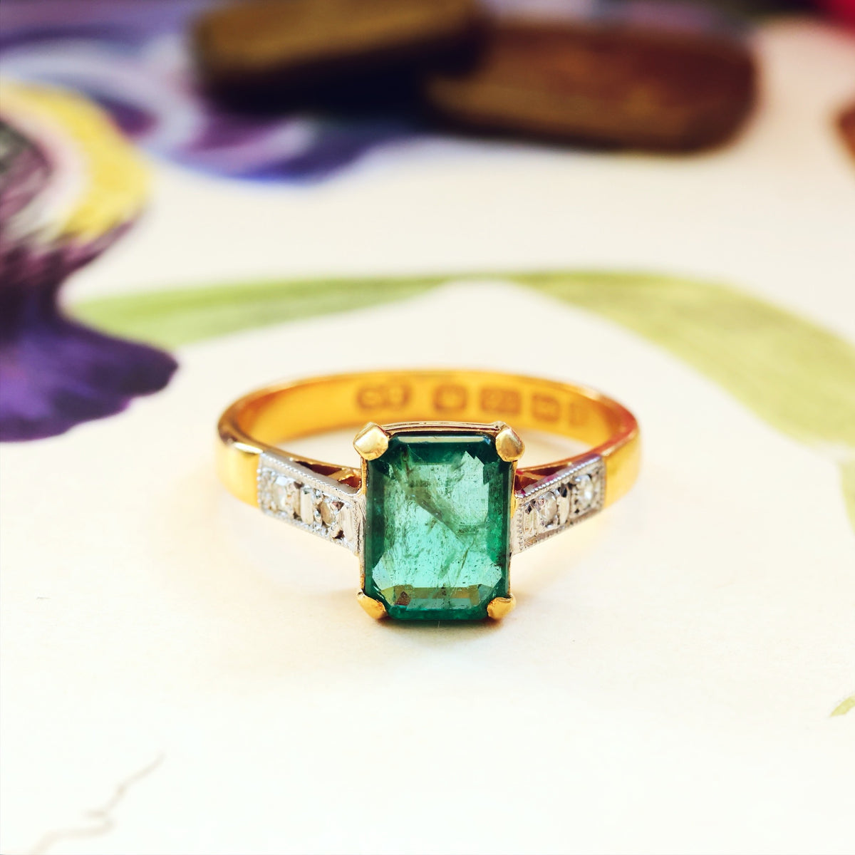 Unique Vintage Emerald & Diamond Engagement Ring