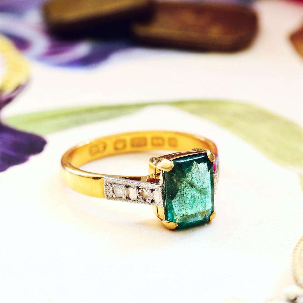 Unique Vintage Emerald & Diamond Engagement Ring