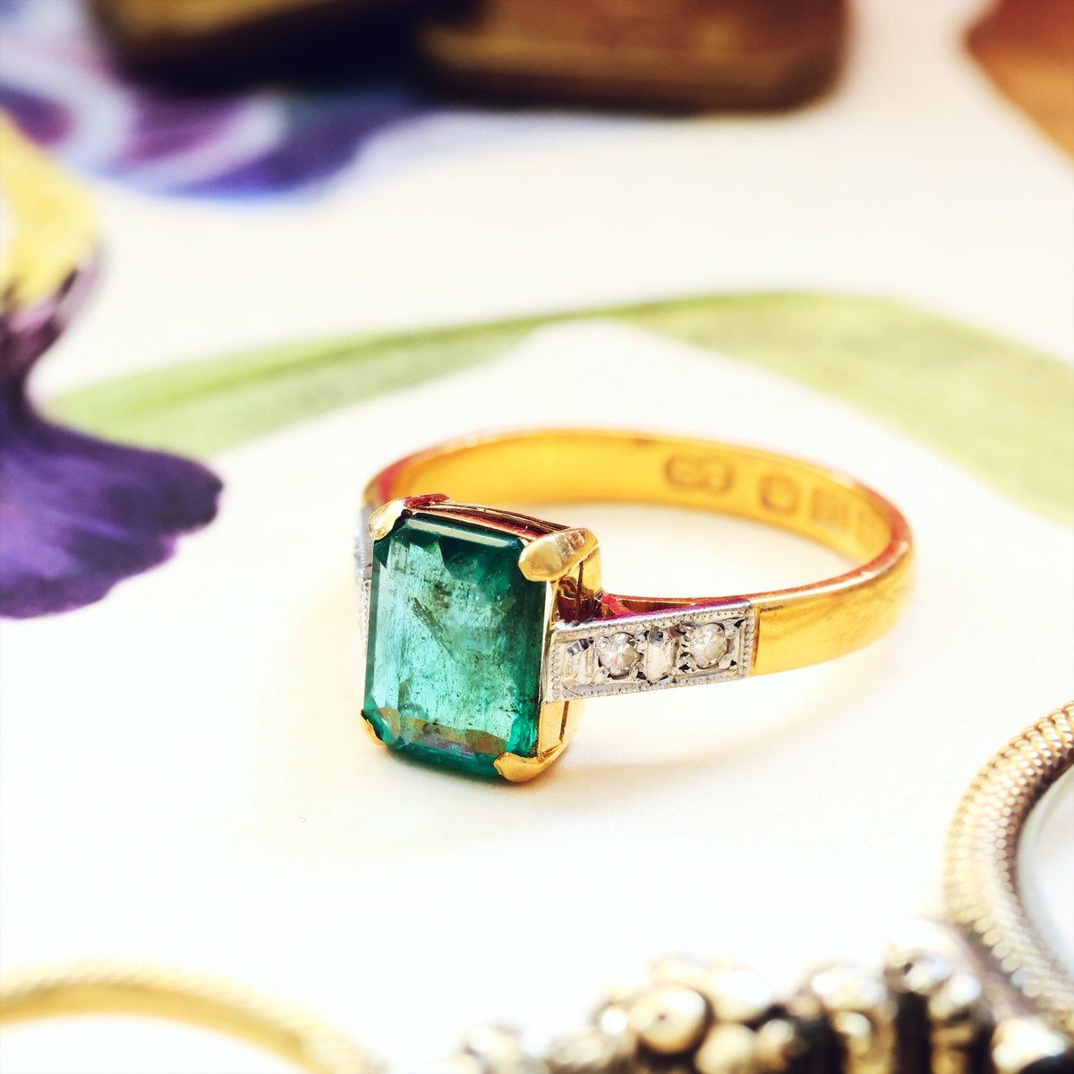 Unique Vintage Emerald & Diamond Engagement Ring