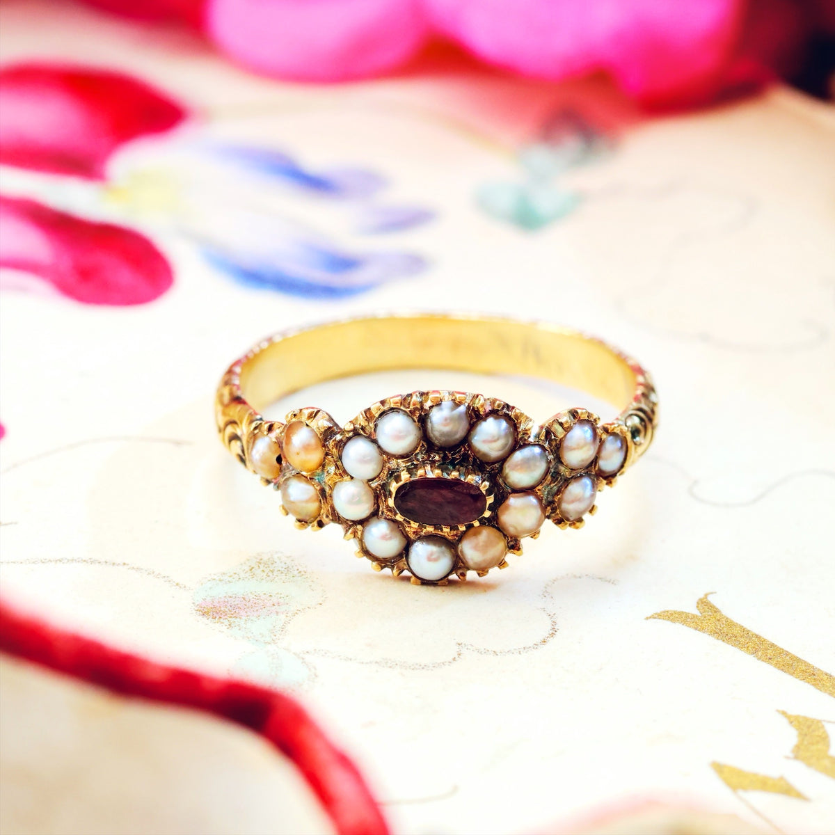 Antique Georgian Pearl & Garnet Flowerette Ring