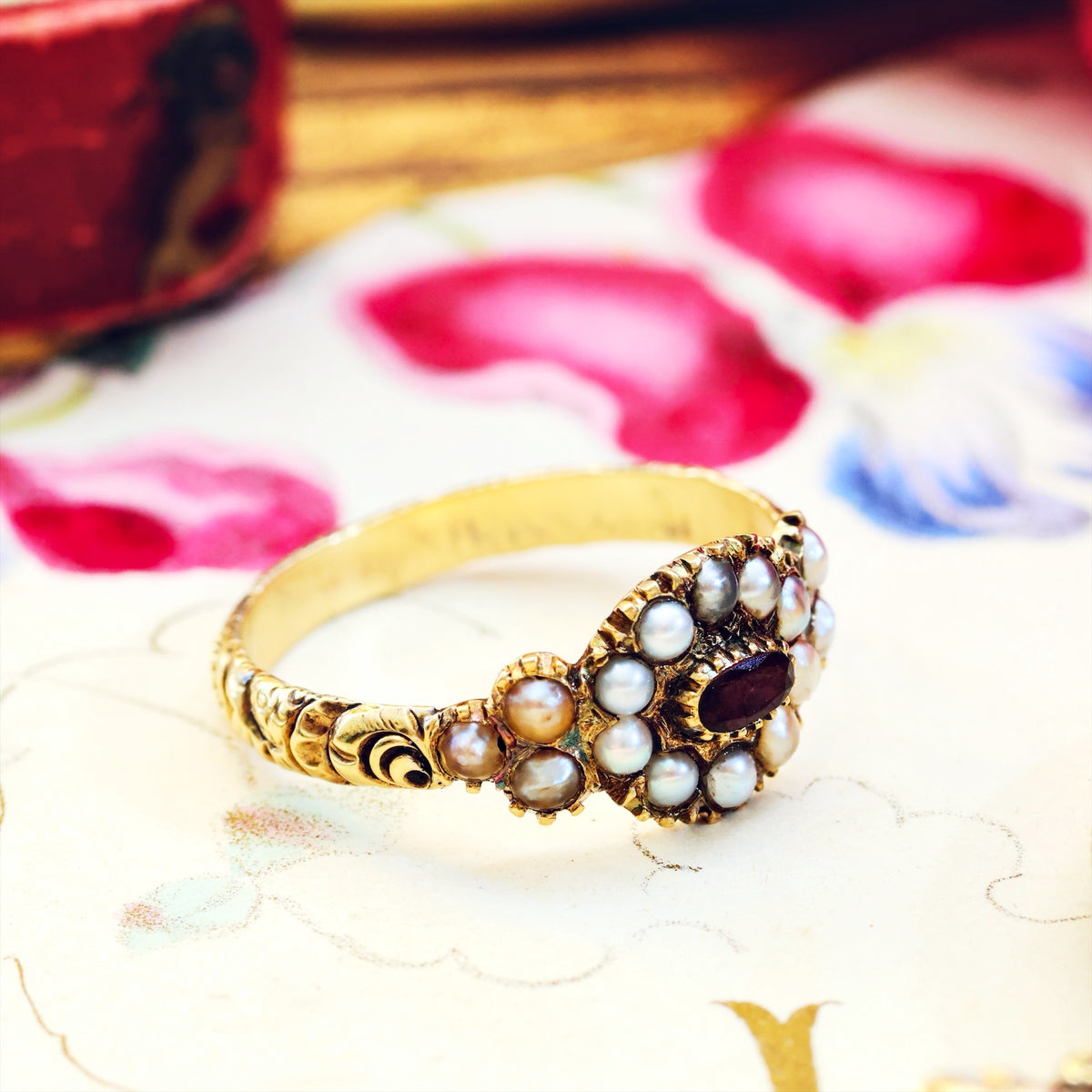 Scarce Antique Georgian Pearl & Garnet Flowerette Ring