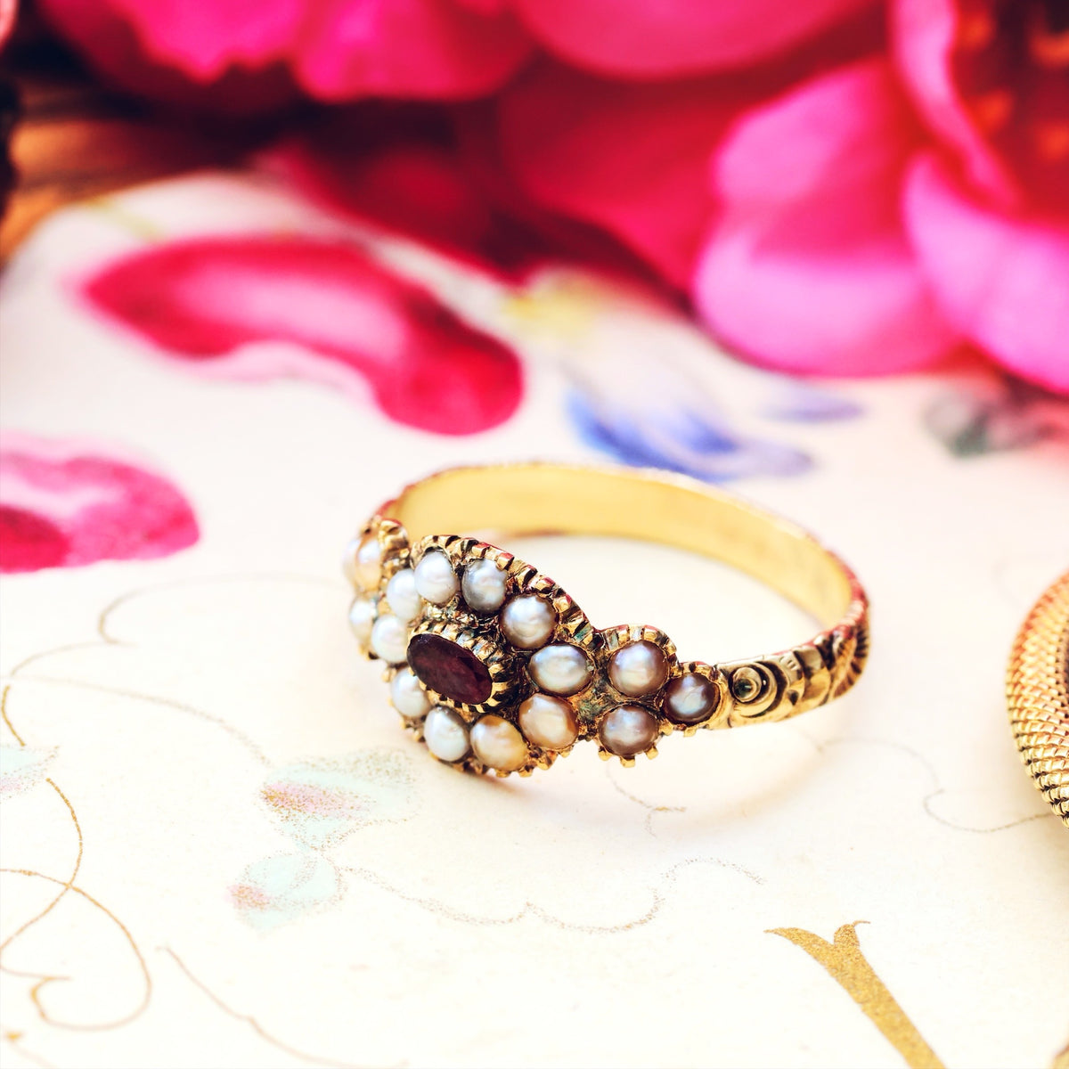 flower pearl seed ring Scarce Antique Georgian Pearl & Garnet Flowerette Ring – Fetheray