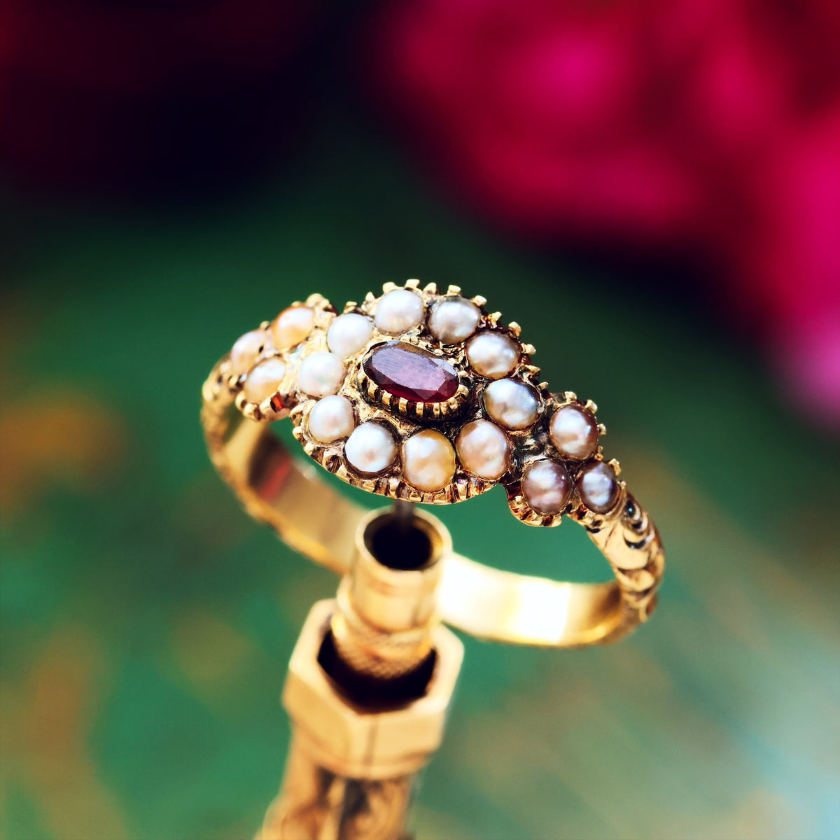Scarce Antique Georgian Pearl & Garnet Flowerette Ring