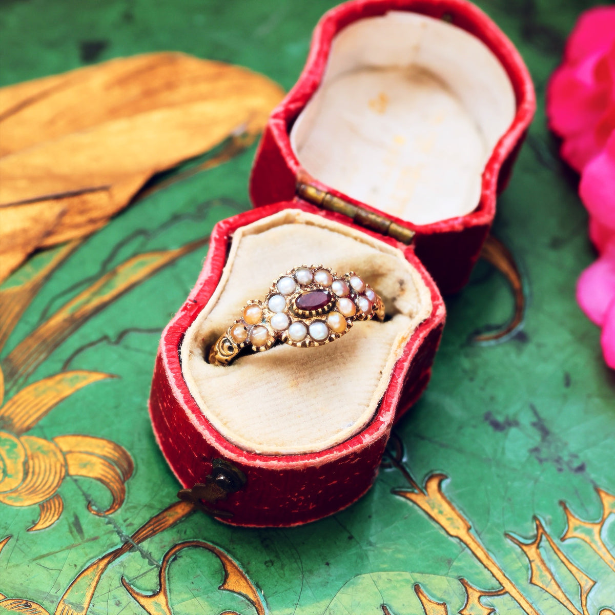 Scarce Antique Georgian Pearl & Garnet Flowerette Ring