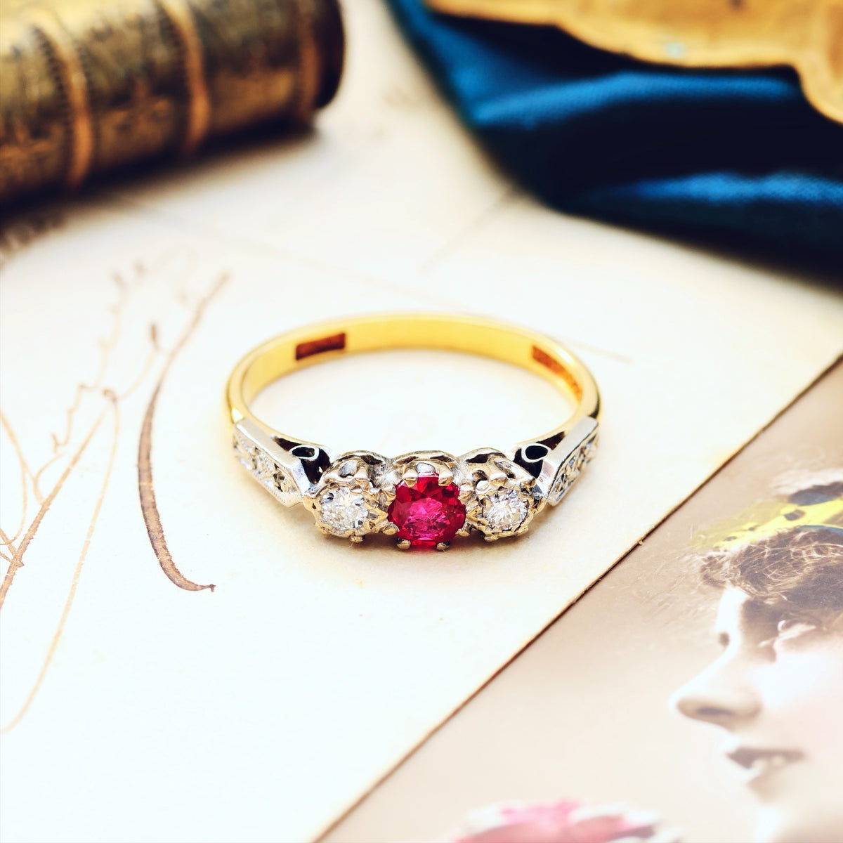 Cutest Vintage Ruby & Diamond Trilogy Engagement Ring