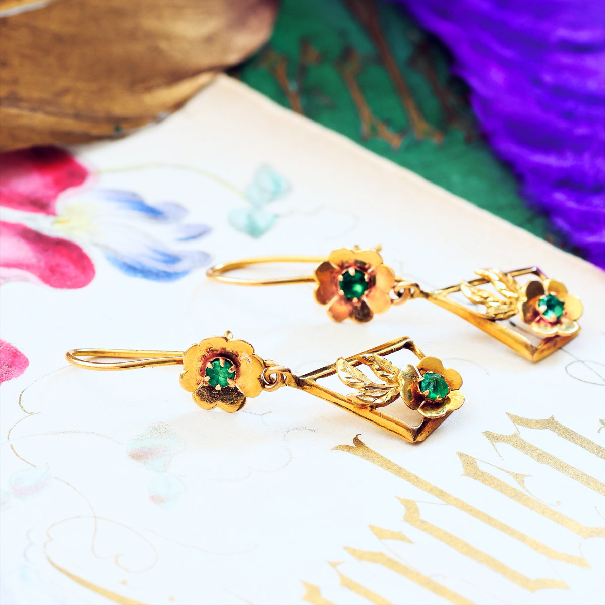 Handmade Vintage 1940's 18ct Gold Emerald Earrings