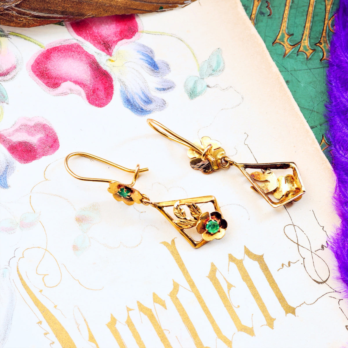 Handmade Vintage 1940's 18ct Gold Emerald Earrings