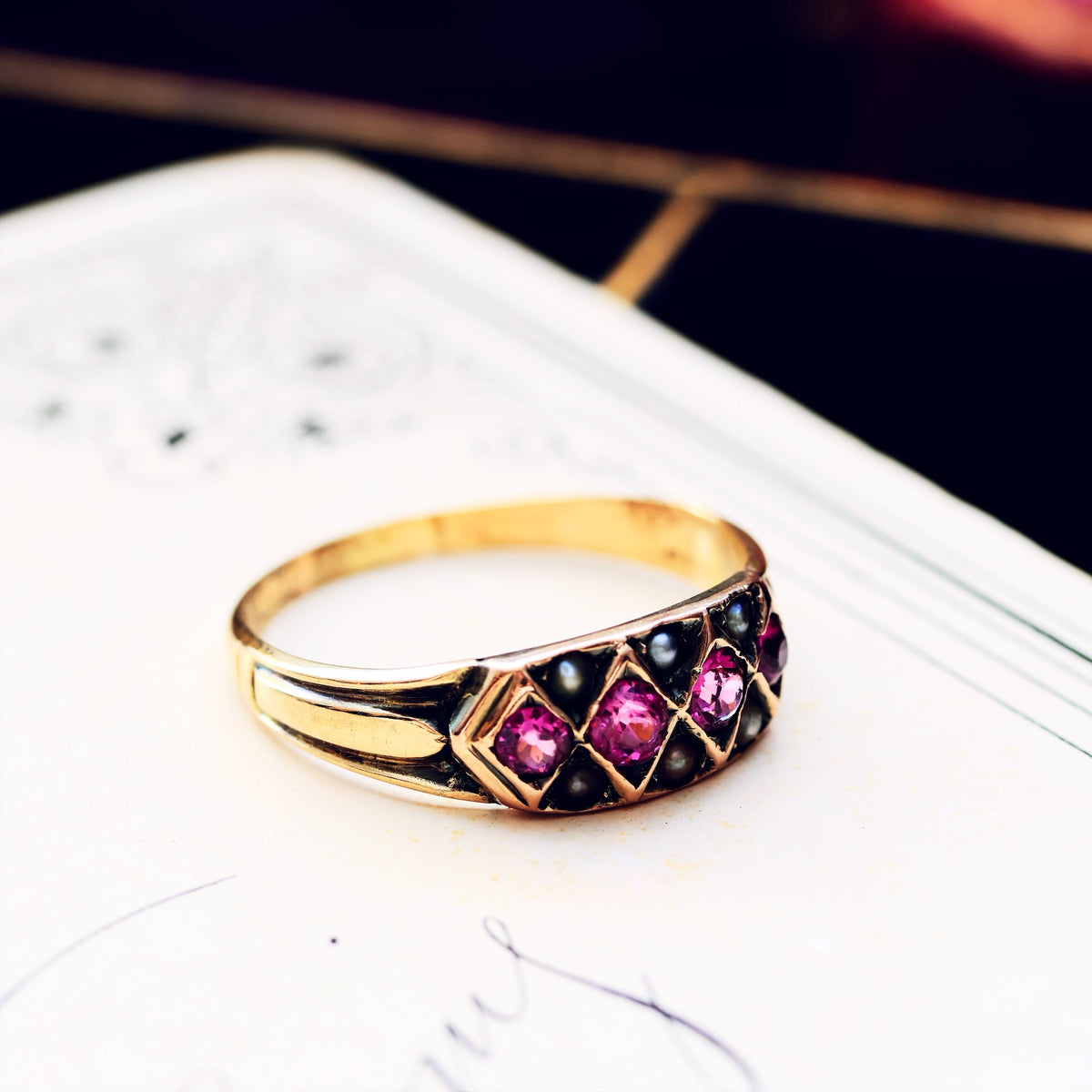 Adorable! Antique Pink Tourmaline & Seed Pearl Ring