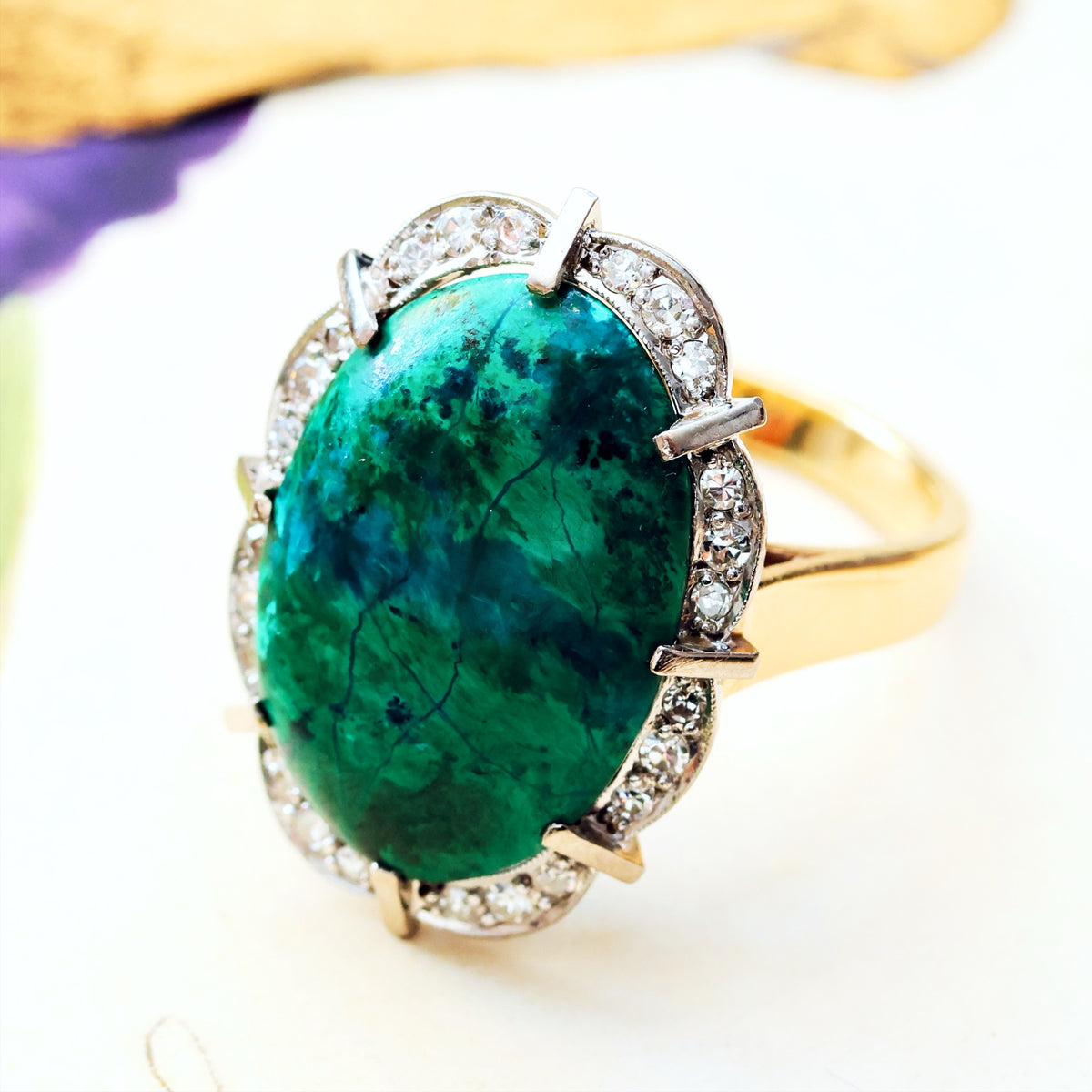 Vintage 1970's Malachite/ & Diamond Cluster Cocktail Ring