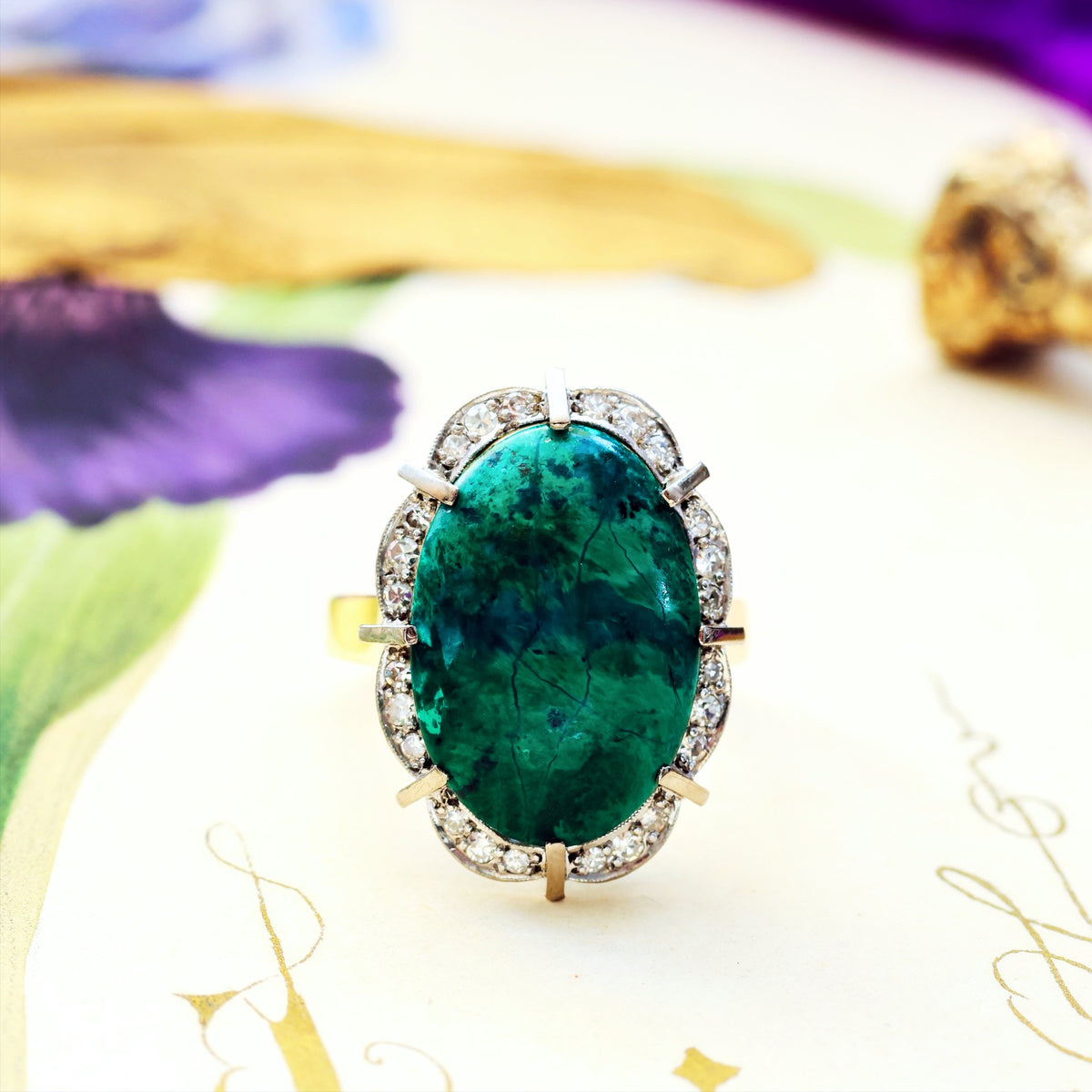 Dramatic Vintage 1970's Chrysocolla & Diamond Cocktail Ring