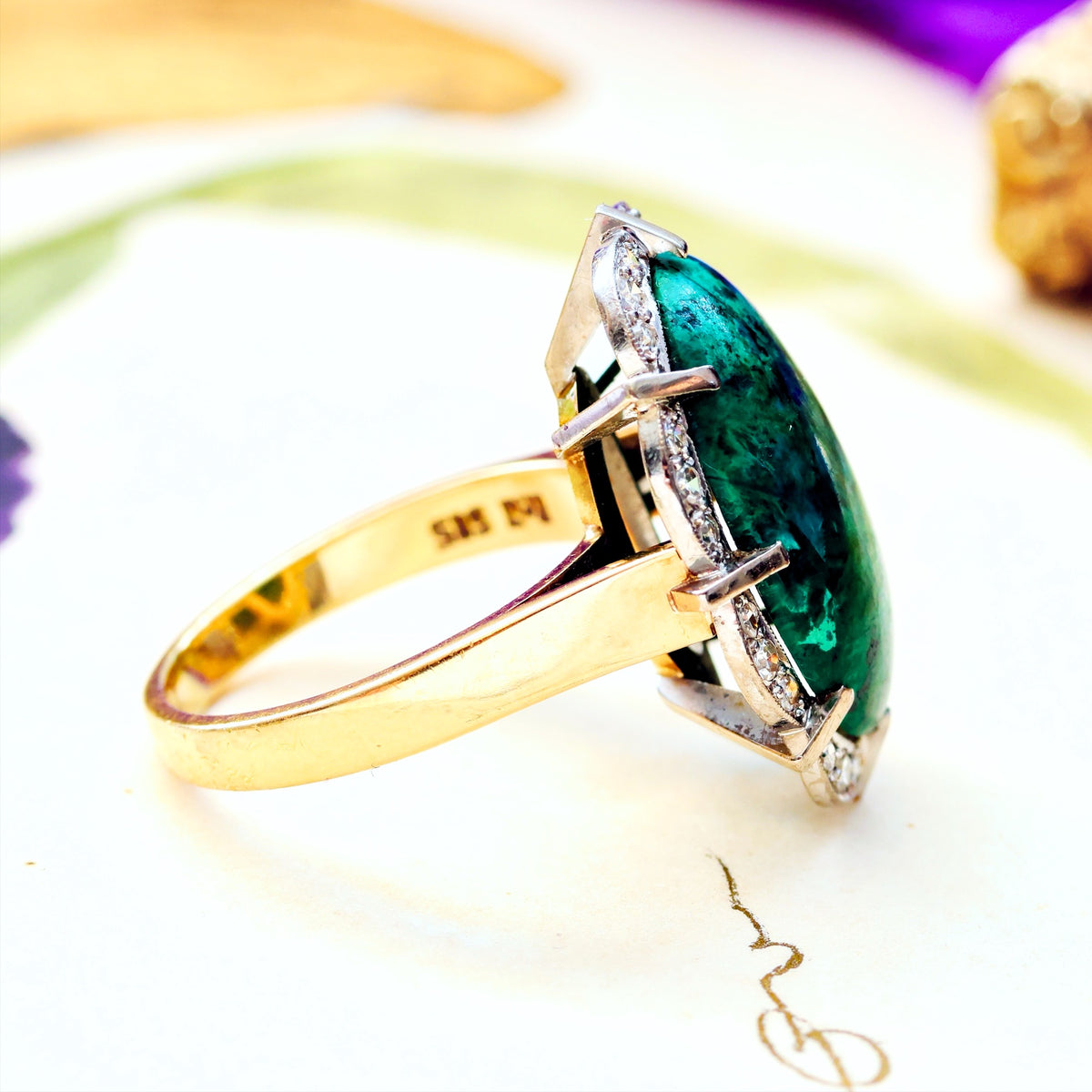 Dramatic Vintage 1970's Chrysocolla & Diamond Cocktail Ring