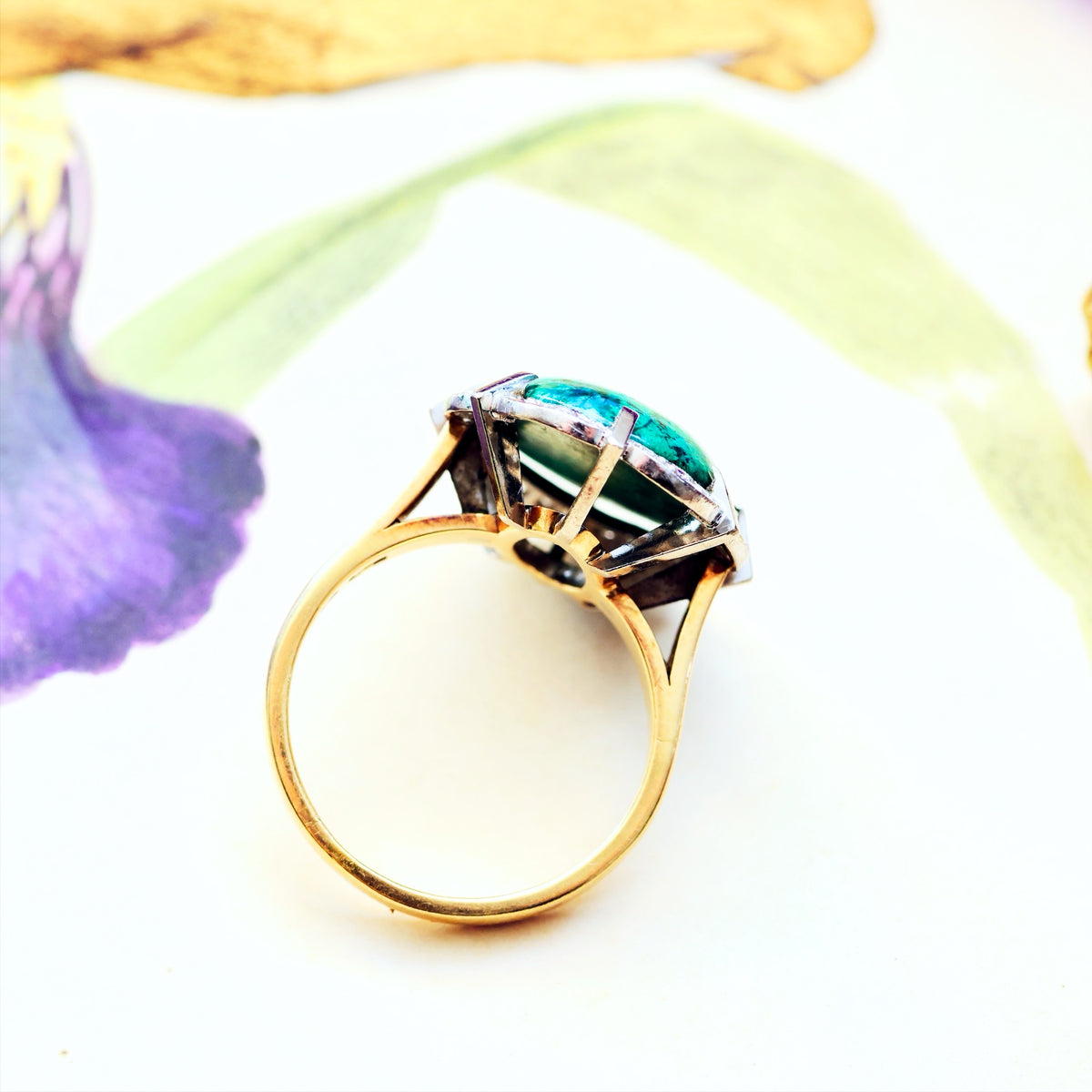Dramatic Vintage 1970's Chrysocolla & Diamond Cocktail Ring