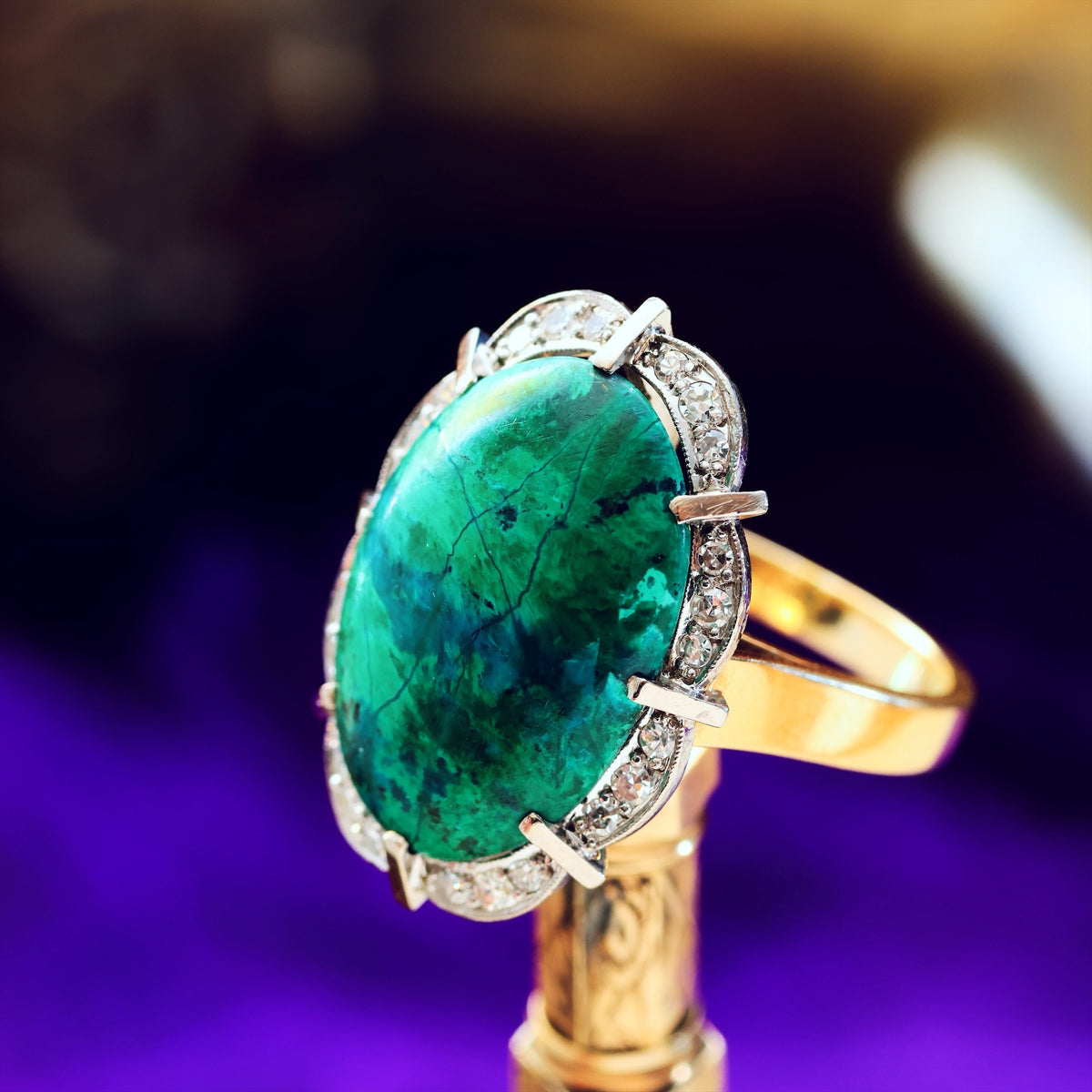 Dramatic Vintage 1970's Chrysocolla & Diamond Cocktail Ring