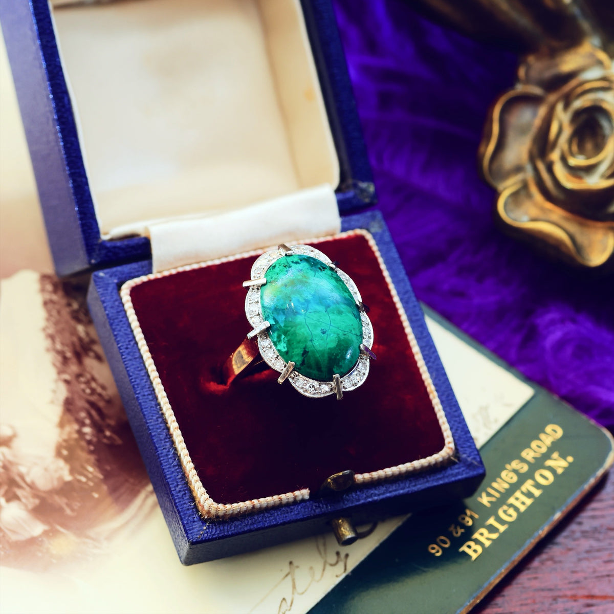 Dramatic Vintage 1970's Chrysocolla & Diamond Cocktail Ring