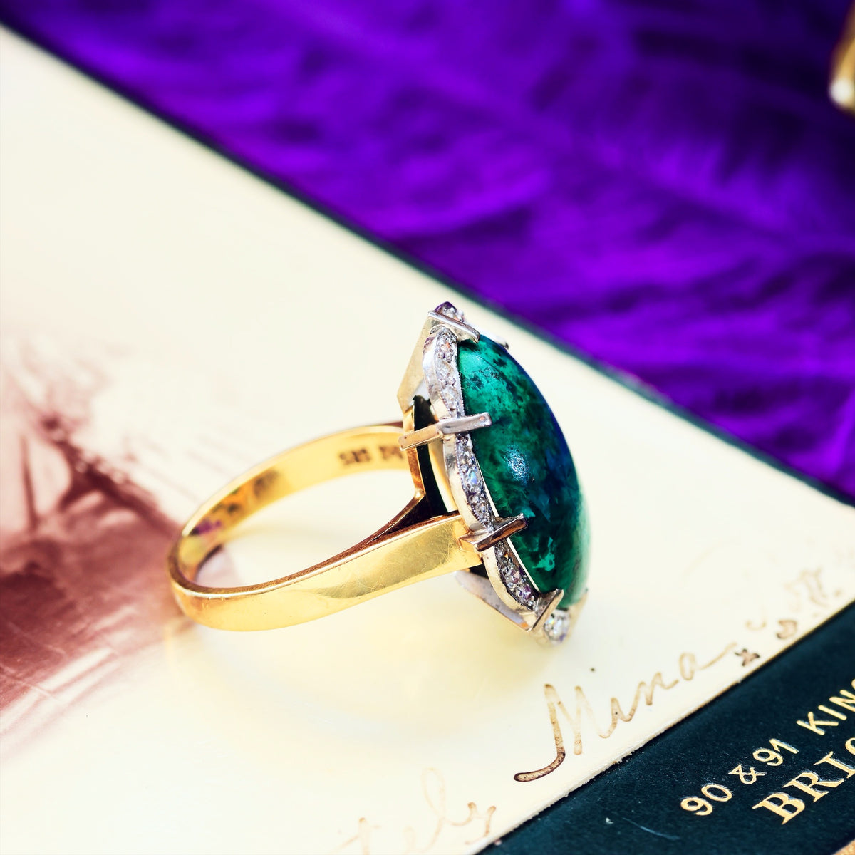 Dramatic Vintage 1970's Chrysocolla & Diamond Cocktail Ring