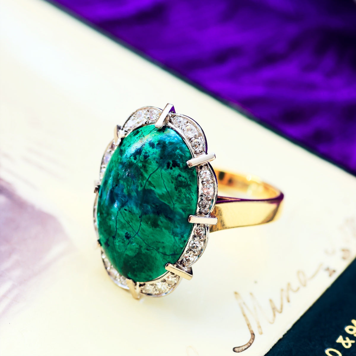 Dramatic Vintage 1970's Chrysocolla & Diamond Cocktail Ring