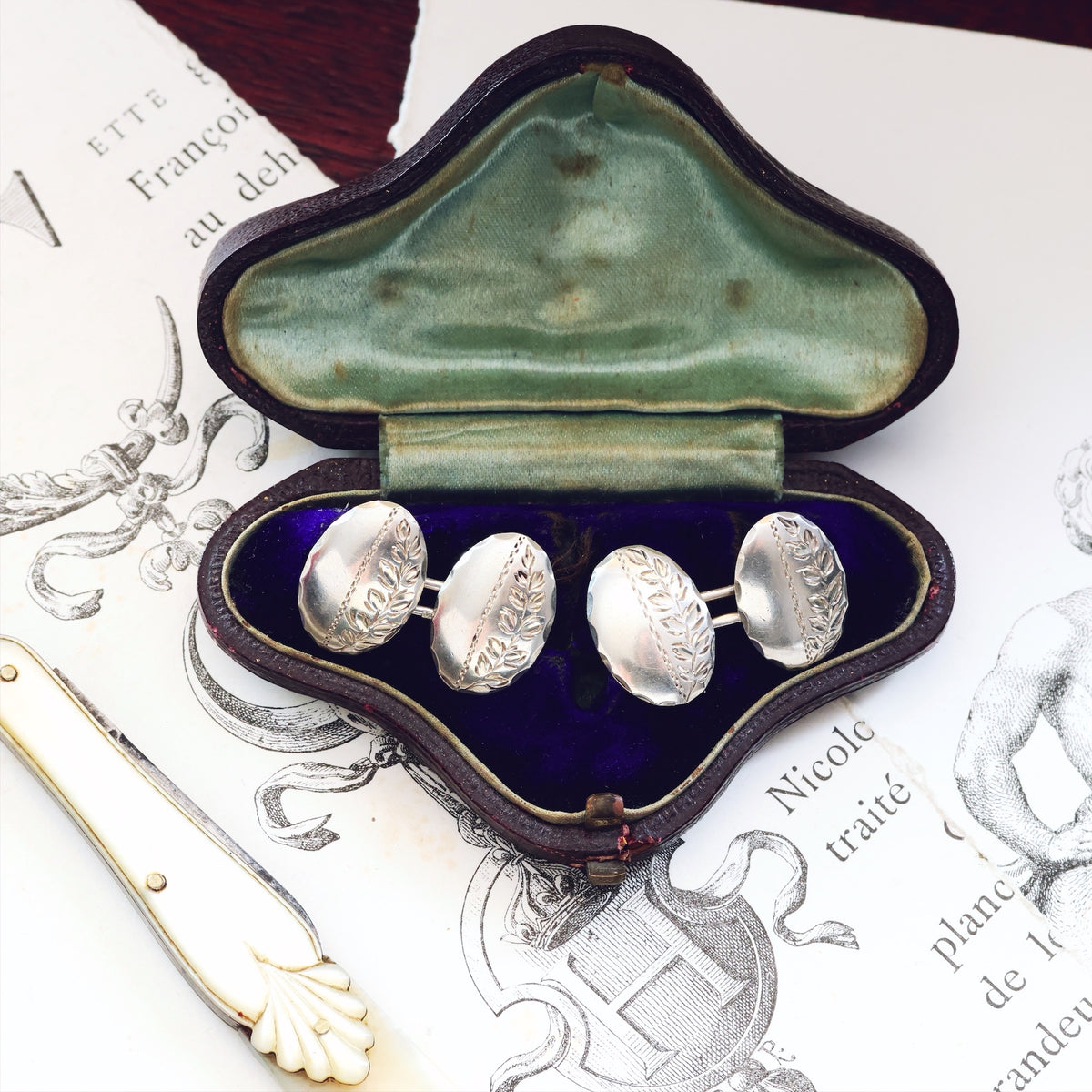 Antique Date 1896 Silver Ferns Cufflinks