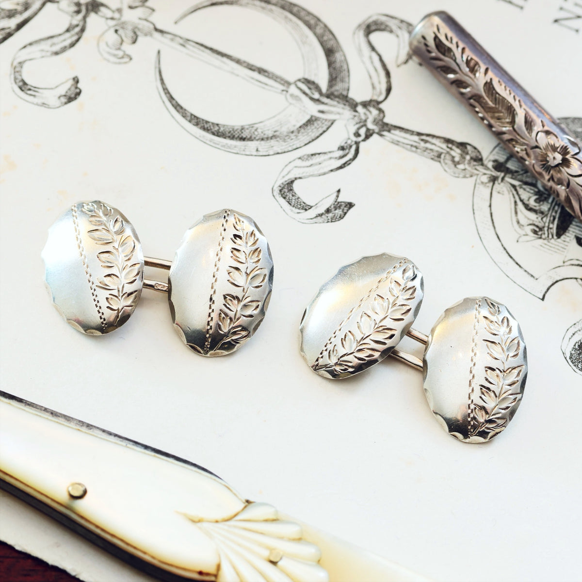 Antique Date 1896 Silver Ferns Cufflinks