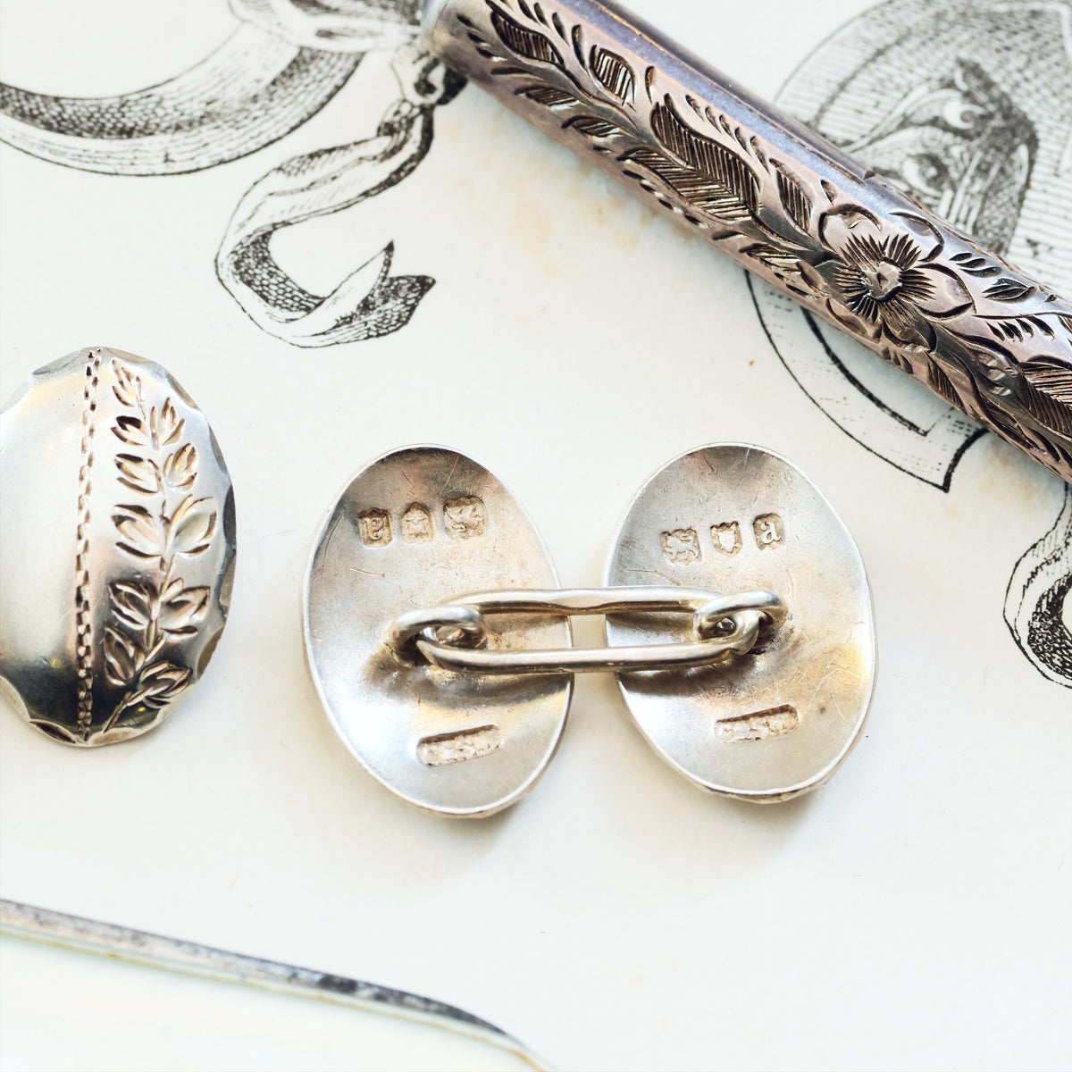 Antique Date 1896 Silver Ferns Cufflinks