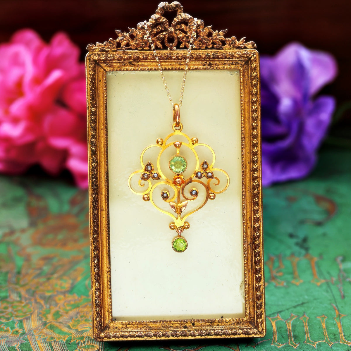 Edwardian Peridot & Seed Pearl Lavaliere Pendant