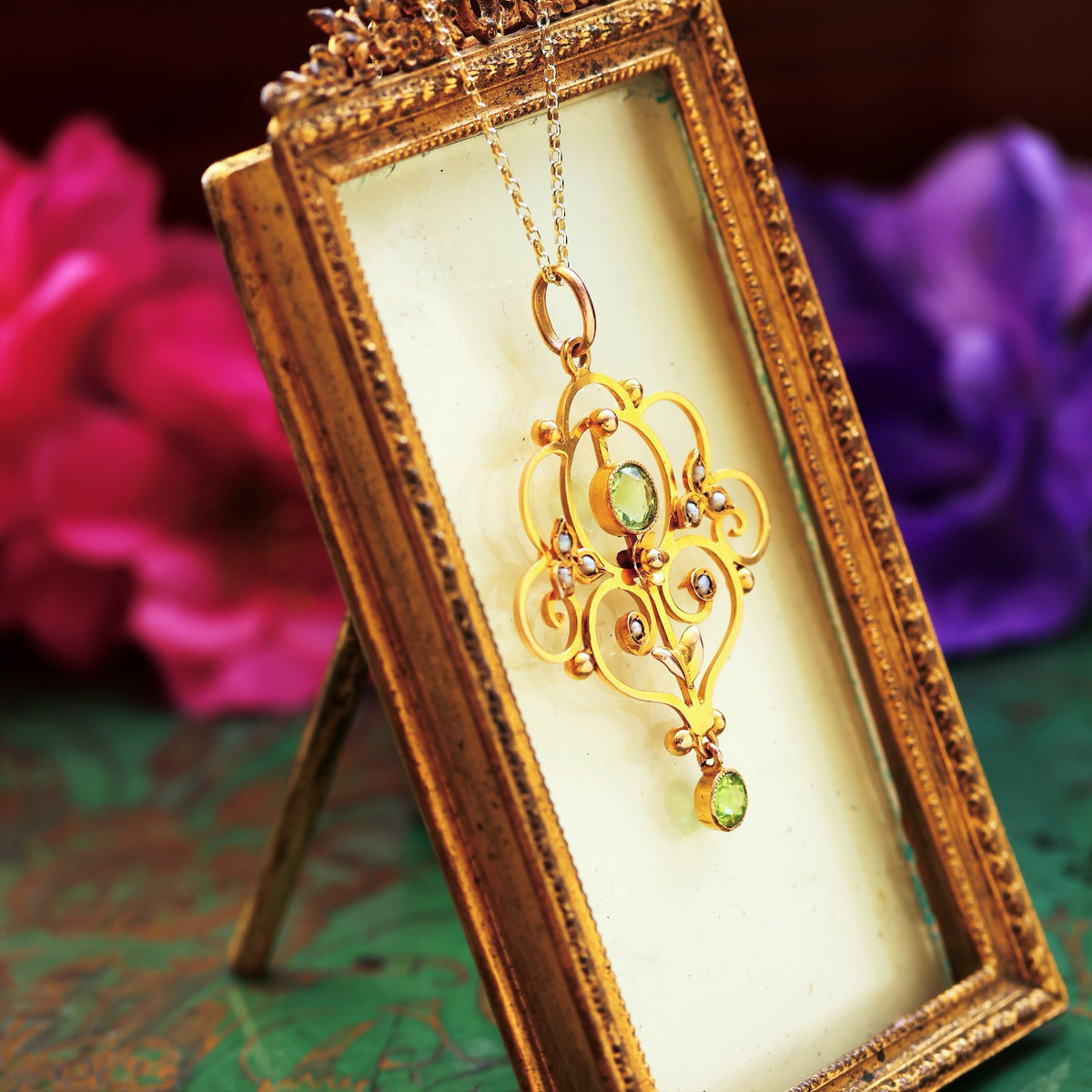 Edwardian Peridot & Seed Pearl Lavaliere Pendant