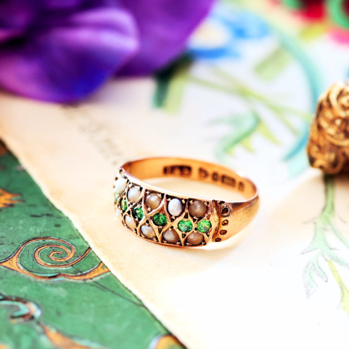 Date 1907 Green Garnet & Wild Pearl Ring