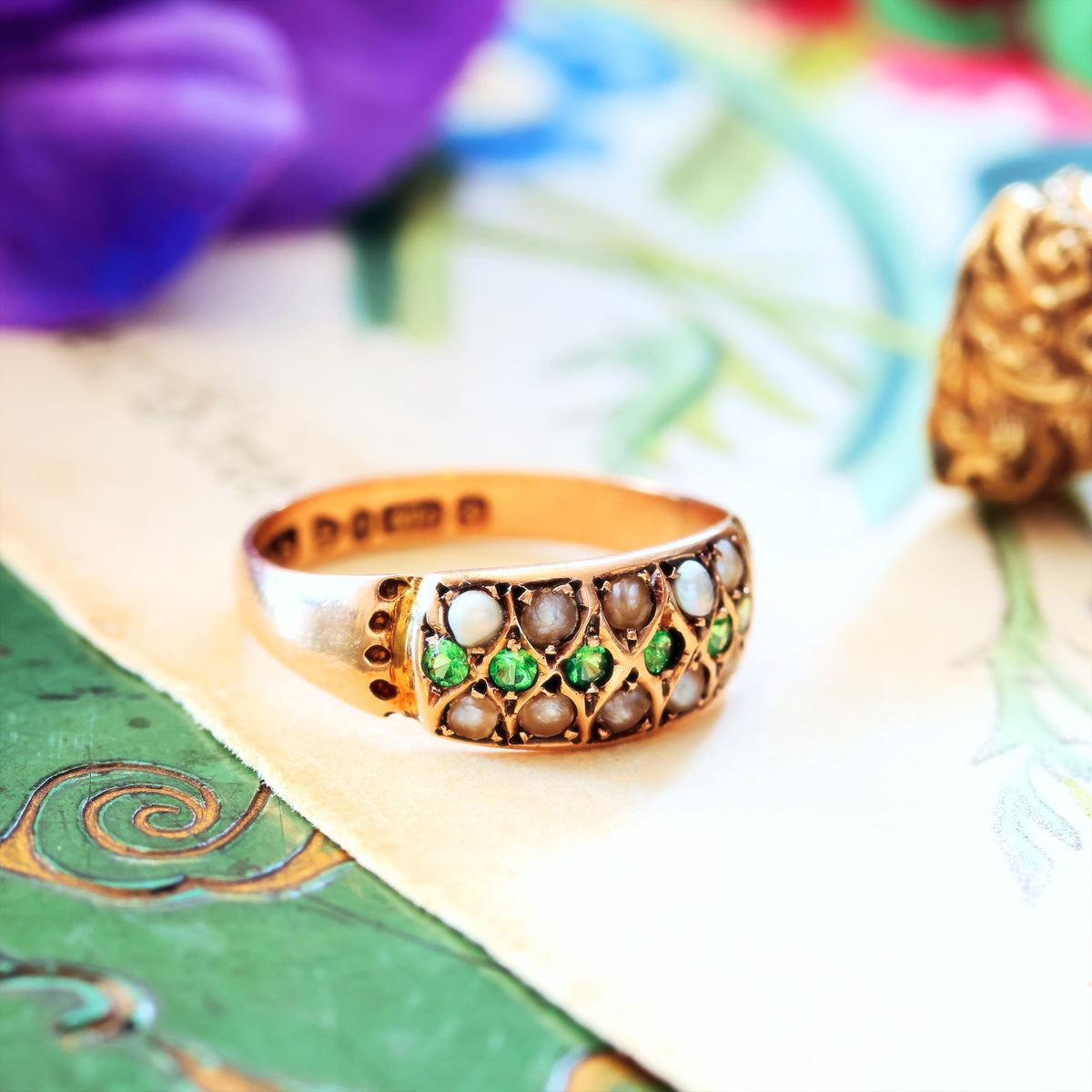 Date 1907 Green Garnet & Wild Pearl Ring