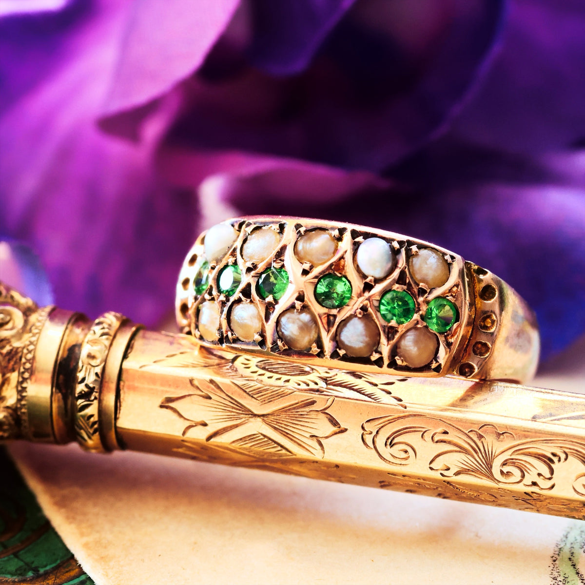 Date 1907 Green Garnet & Wild Pearl Ring