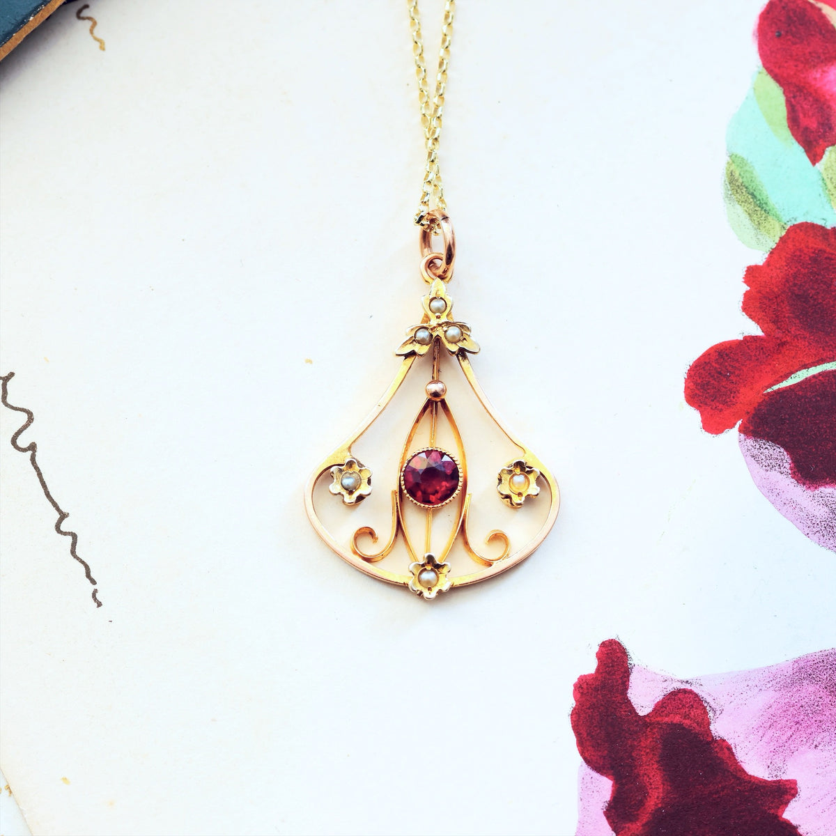 Cutest Edwardian Garnet & Seed Pearl Pendant