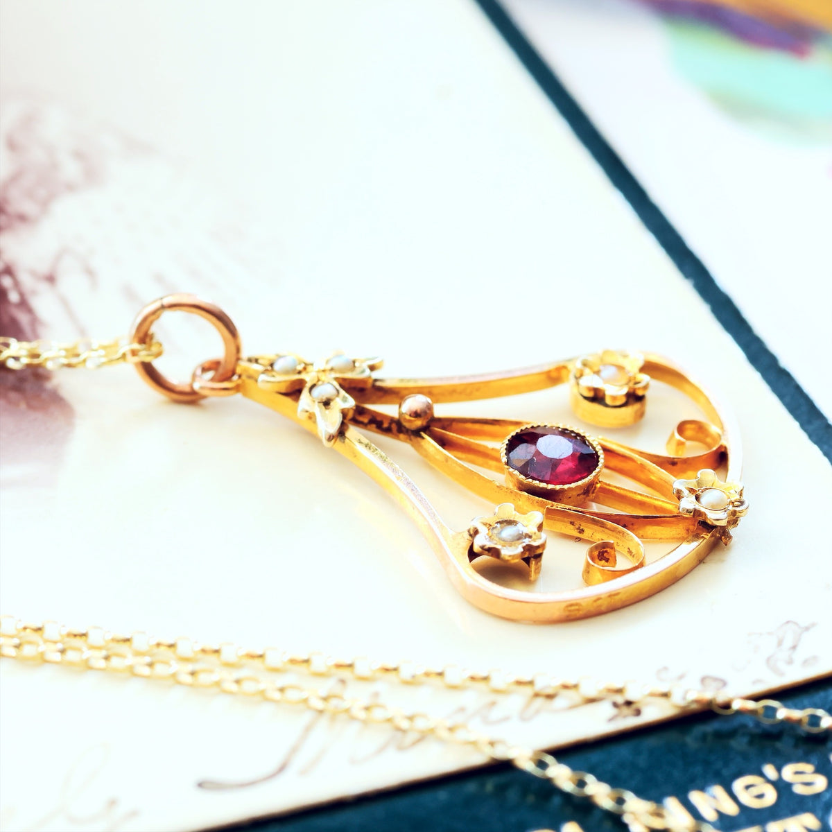 Cutest Edwardian Garnet & Seed Pearl Pendant